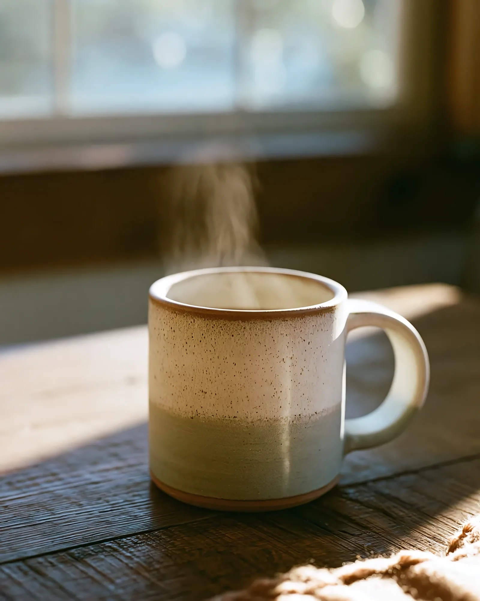A steaming handmade ceramic mug on a wooden table